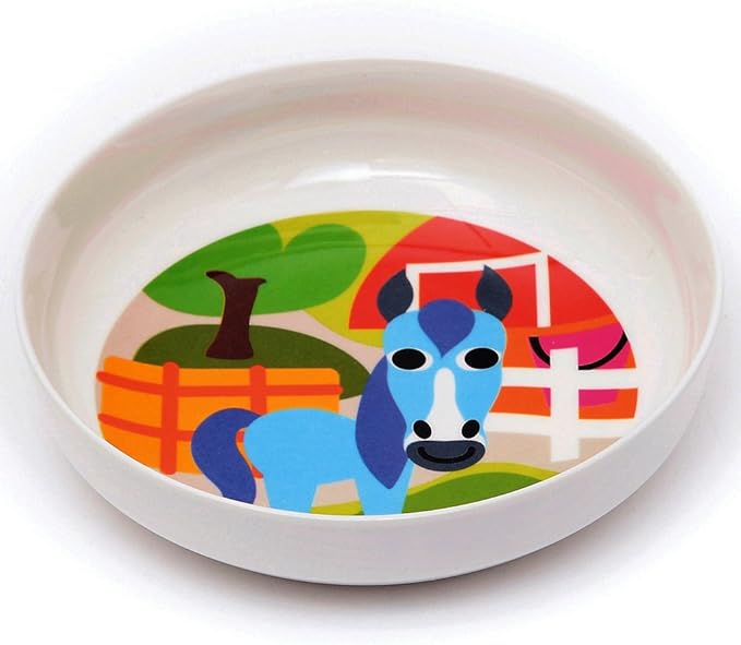 French Bull 4pc Toddler Kids Feeding Melamine Tableware Flatware BPA Free Dishwasher Safe, Durable Plate, Cup, bowl, Divided Tray Dinnerware Set, Farm, 4pc bowl set (74292)