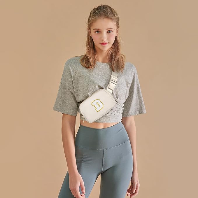 Gitus Birthday Gifts for 8 9 10 11 12 13 Year Old Girls Personalized Fanny Pack Crossbody Bags with Initial Letter Patch Belt Bag for Teen Girls Cute Trendy Stuff Travel Essentials (Ivory-D)