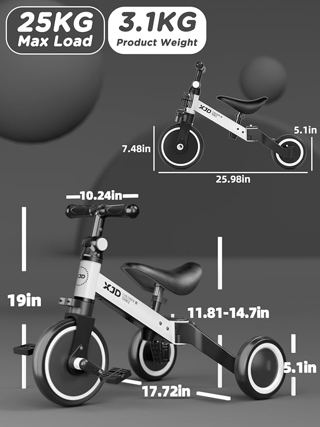 ﻿XJD 5 in 1 Toddler Bike, Tricycle for Toddlers 1-3 with Adjustable Seat Height, Removable Pedals, Ideal Balance Bike Birthday Gifts and Toys for Boys and Girls