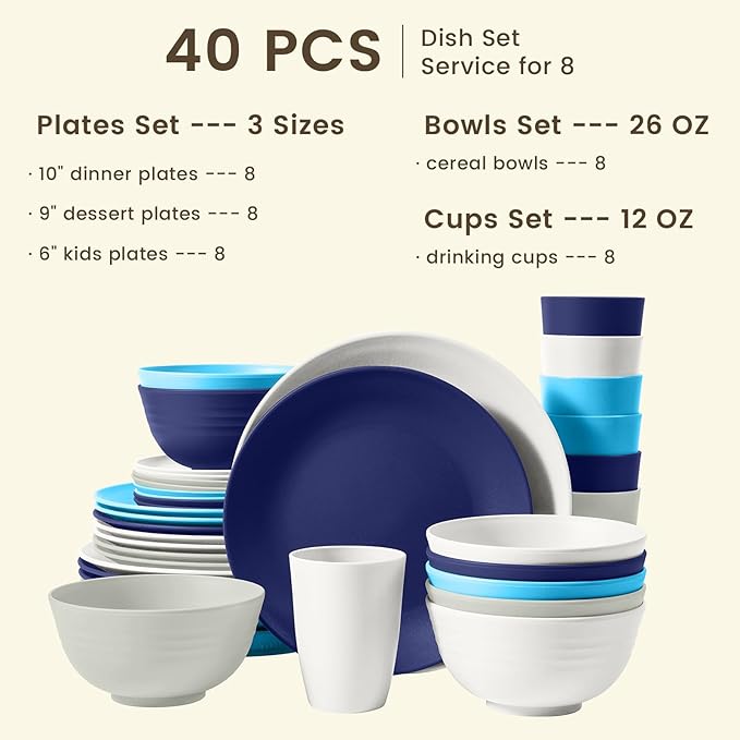 Homienly 40 PCS Wheat Straw Plates and Bowls Sets, Cups Sets, Service for 8, Unbreakable Microwave and Dishwasher Safe Dinnerware Sets,Reusbale Plastic Dishes Set - Island, Matte