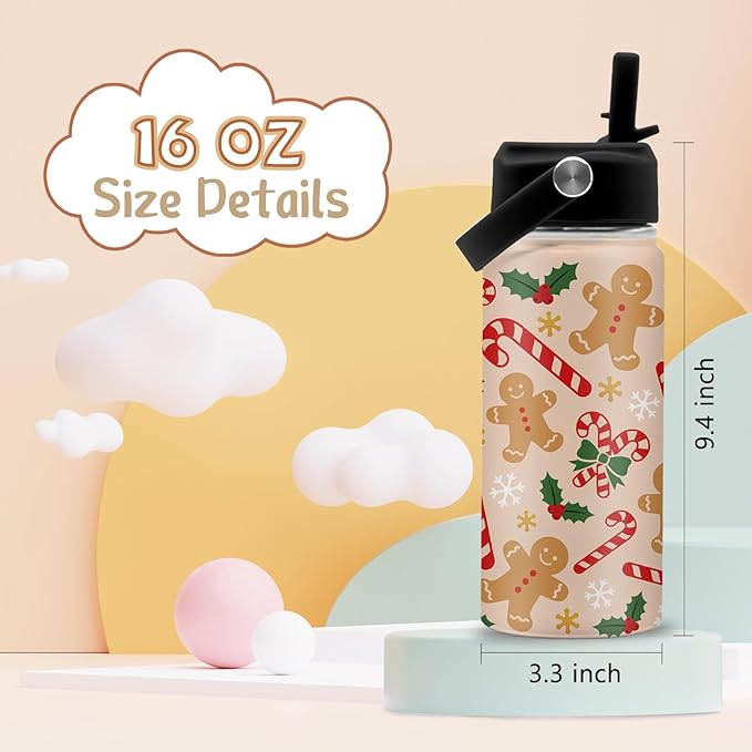 Christmas 16 oz Water Bottle with Straw Lid, Stainless Steel Insulated Tumbler, Gingerbread Water Bottles, Gingerbread Cup Gifts for Christmas Birthday (1pcs)