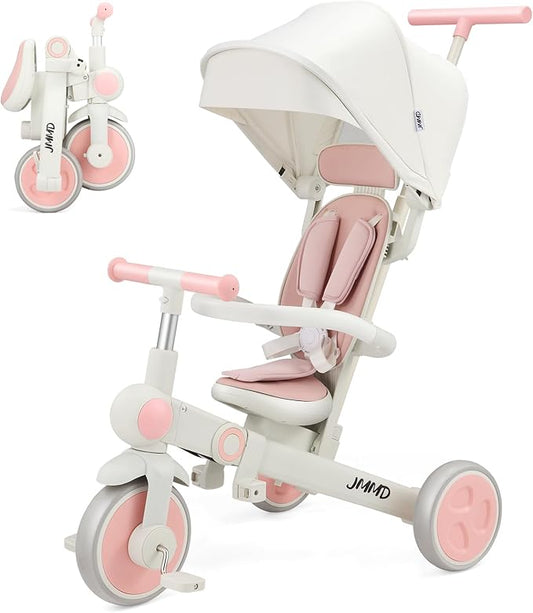 JMMD Baby Tricycle, 7-in-1 Foldable Kids Trike with Adjustable Parent Handle, Safety Harness & Wheel Brakes, Removable Canopy, Stroll Trike for Boys & Girls Ages 18 Months-5 Years, Pink