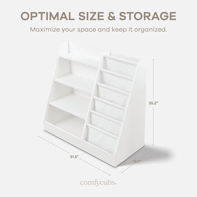 Comfy Cubs Kids Bookshelf 35.2 x 15.7 x 31.5 Inches - Sturdy MDF Montessori Book Shelf with Soft & Hard Shelves for Toys & Books - Child-Friendly, Easy Access Storage Organizer for Kids - White