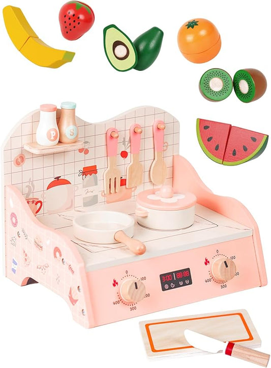 VBABY Wooden Play Kitchen Set, Small Toddler Kitchen Playset with Cutting Fruits, Pretend Cooking Toy for Kids, CPC Certified Premium Present for Toddlers 1-3