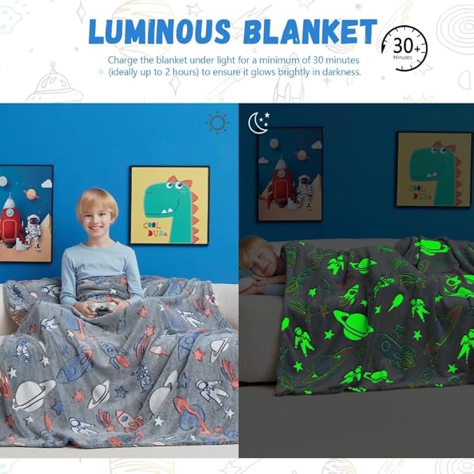 Glow in The Dark Blanket,Space Gifts Toys for Boys Girls, Astronaut Birthday Presents Decor for Kids Age 3-14 Year Old Son Teen Child Toddler Luminous Christmas Bedroom Throw Blanket 50"x60"