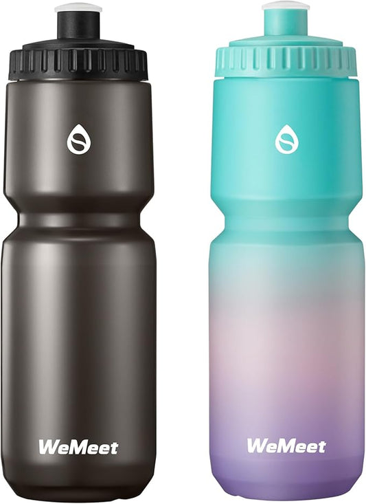 Lightweight Cycling Water Bottle 2-Pack, Fits Most Bike Cages, Squeeze Water Bottle for Cycling, Running, Fitness(Black & Green Pink Purple, 32oz)