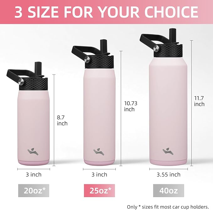 25oz Insulated Stainless Steel Water Bottle with Straw and 3 Lids, BPA-Free Sports Water Bottle,travel water bottle,Pink