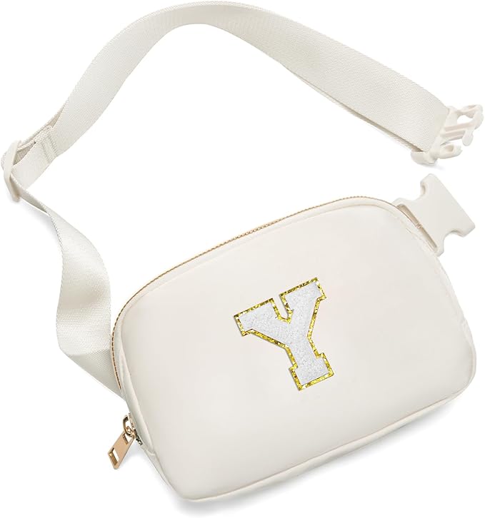 Gitus Birthday Gifts for 8 9 10 11 12 13 Year Old Girls Personalized Fanny Pack Crossbody Bags with Initial Letter Patch Belt Bag for Teen Girls Cute Trendy Stuff Travel Essentials (Ivory-Y)