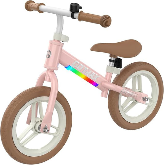 Gotrax KS12 Balance Bike for 2-5 Years Old, 12" Toddlers Bike with LED Light&Bell, Adjustable Soft Seat&Handlebar, Flat-Free Tires&Easy Assembly, Lightweight&No Pedal, Kids Toy Gift for Boys Girls