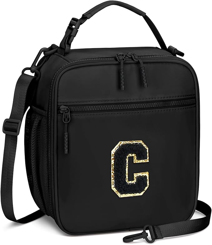 Initial Insulated Lunch Bag for Boys Kids, Back to School Gift, Reusable Leak-proof Lunch Box with Adjustable Strap for School Daycare Travel Picnic（Black，C）