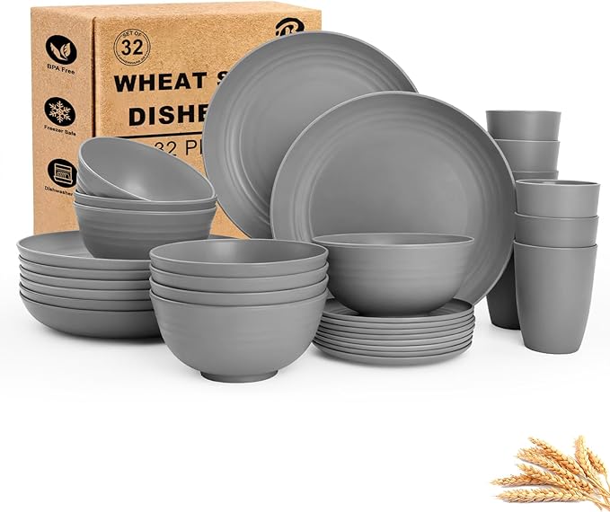 Wheat Straw Dinnerware Set 32 PCS, Dinner Plates,Dessert Plates, Drinking Glasses, Wheat Straw Bowls Set, Microwave and Dishwasher Safe Dishes Set for 8 for Outdoor, Camping, Picnic - Grey