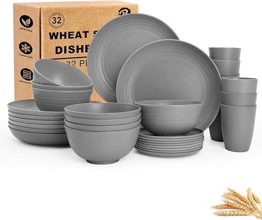 Wheat Straw Dinnerware Set 32 PCS, Dinner Plates,Dessert Plates, Drinking Glasses, Wheat Straw Bowls Set, Microwave and Dishwasher Safe Dishes Set for 8 for Outdoor, Camping, Picnic - Grey