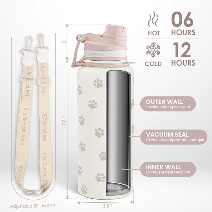 SANDJEST Paw Print Stainless Steel Water Bottle with Strap 32oz, Insulated Bottles with Straw and Spout Lid for Gym Sports Travel Outdoor, Gifts for Women Girls Birthday Christmas
