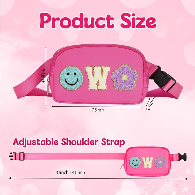 Fanny Pack for Girls Pink Kid Crossbody Bag Chenille W Letter Preppy Belt Bag, Christmas Birthday Easter Gifts for Teen Daughter Sister, Personalized Nylon Purse for 4 5 6 7 8 9 10 Year Old Girls