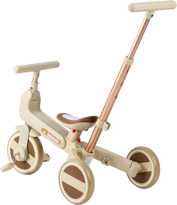 WEEROCK 6 in 1 Foldable Toddler Tricycle Kid Tricycles with/Without Parent Steering Push Handle Boys Girls Balance Bike for 1-6 Years Old Toy Gift, Beige