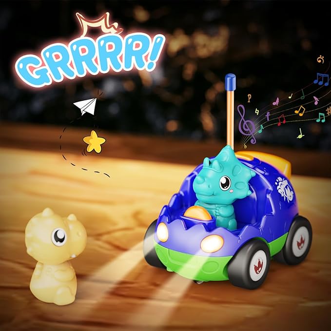 2 Pack Dinosaur Toys Remote Control Cars for Toddlers Ages 2 3 4 5, Christmas Birthday Gifts for 2-5 Year Old Boys, Dinosaur RC Car Toys with Music and Lights (Green Blue)