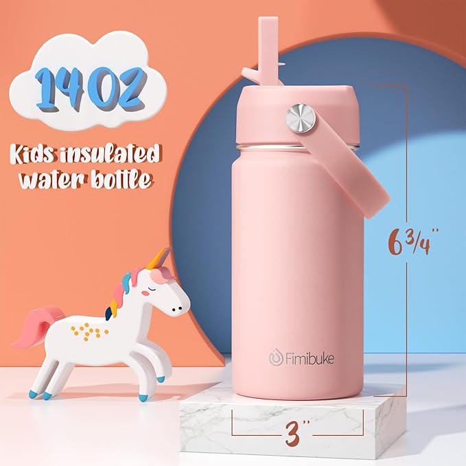 Fimibuke Kids Insulated Water Bottle - 14oz BPA-FREE 18/8 Stainless Steel Travel Tumbler Leak Proof Double Wall Vacuum Kid Cup with Straw Metal Water Bottle for School Boys Girls(1 Pack, Cotton Candy)