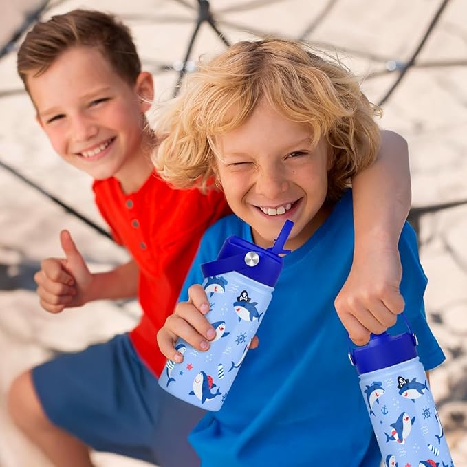 Shark Kids Water Bottle With Straw Lid 12oz Insulated Stainless Steel, Travel Tumbler, Gifts For Boys Girls, Birthday, Christmas, Back To School