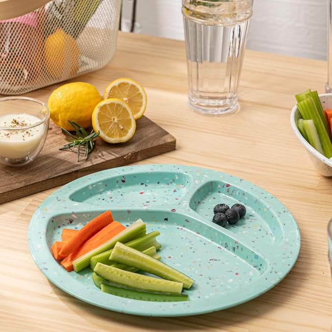bzyoo 11-Inch Divided Green Set of 2 - Confetti Green BPA-Free, 100% Melamine Portion Control Plates Unbreakable, Dishwasher Safe Plates with Dividers for Weight Loss, Camping, BBQ Parties Fun