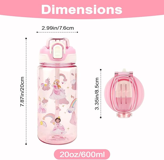 Kids Water Bottle for School or Travel, 20 Oz Durable Plastic Water Bottle with Silicone Straw and Pop-Up Spout Cover, BPA Free & Dishwasher Safe(Princess)