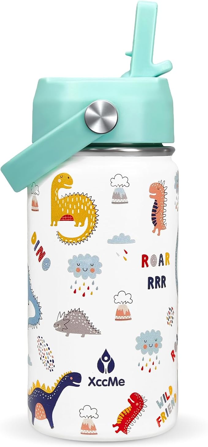 Dinosaur Kids Water Bottle With Straw Lid,14 oz Stainless Steel Travel Bottle,Double Wall Leak Proof Kids Cup,Insulated Tumbler for Toddlers,Metal Cup for School Boys Girls