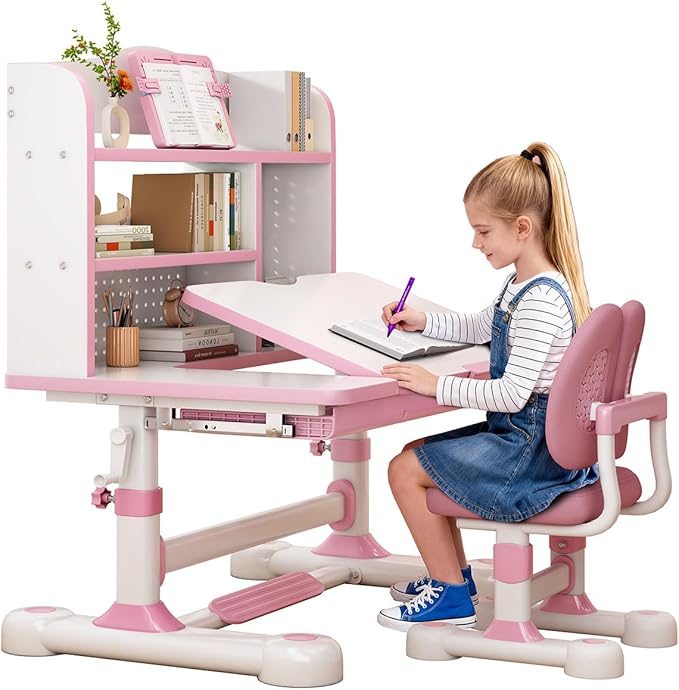Kids Desk and Chair Set, Height Adjustable Study Table with Bookshelf & Storage Drawer, 0-50° Tiltable Desktop, Ergonomic Study Desk for Boys and Girls Ages 3-12 (Pink)