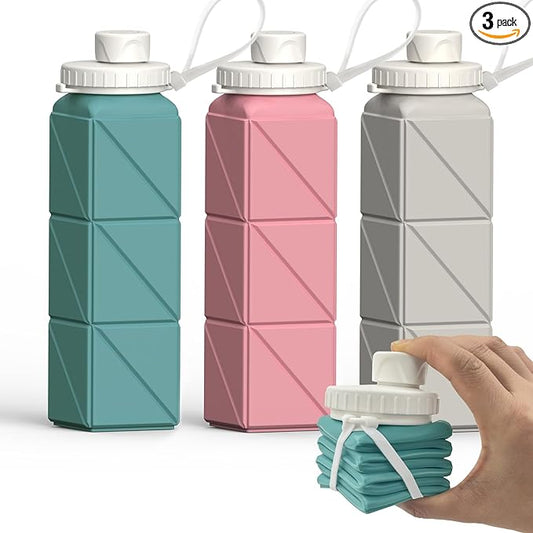 Collapsible Water Bottles 20.6oz, Silicone Foldable Portable Travel Water Bottle, Lightweight Reusable Leakproof for Traveling Camping Hiking Sports Outdoor, 3 Pack (Blue+Pink+Starlight)