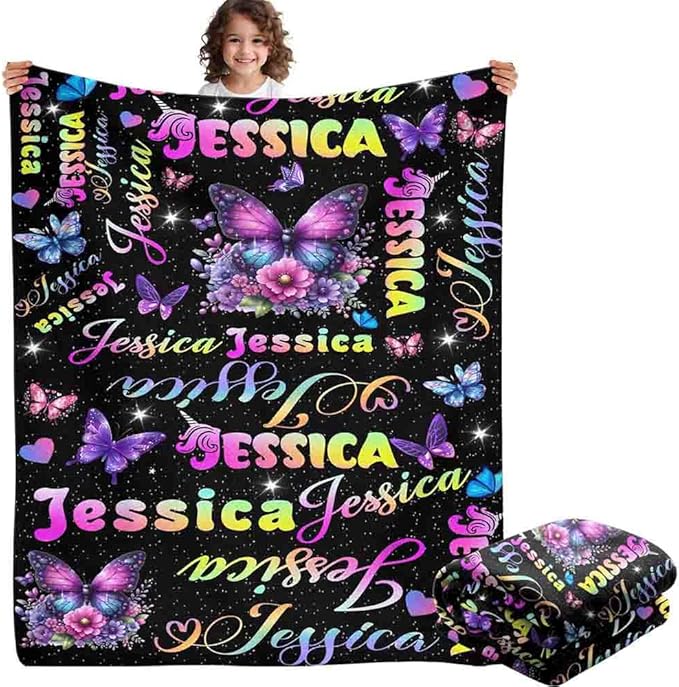 Custom Girl Blanket with Name Personalized Butterfly Blanket Customized Soft Throw Blanket for Newborn Toddler Teens Baby Shower Birthday