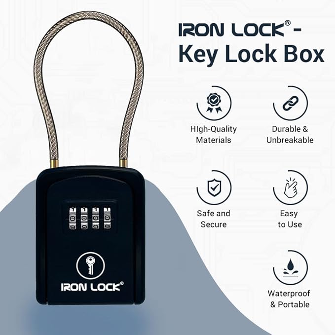 Iron Lock® Portable Key Lock Box with Removable Cable Shackle Indoor Outdoor Waterproof 4 Digit Combo Resettable Code with A B Switch Key Lockbox for Outside Spare Keys for Realtors (Small, Black)