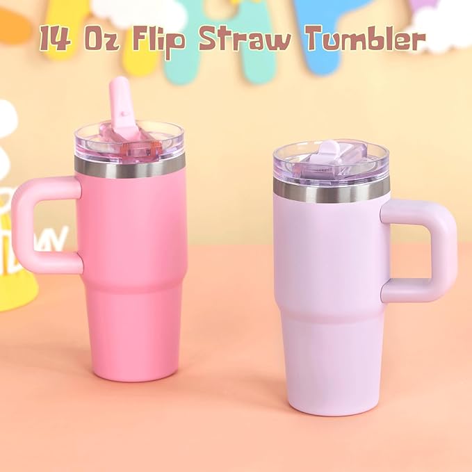 Cosictic 14 Oz Flip Straw Tumbler with Handle for Kids, Stainless Steel Double Wall Insulated Cup for Children with Flip Top Lid, 14 Oz Leak-proof Cups for Kids, Pink