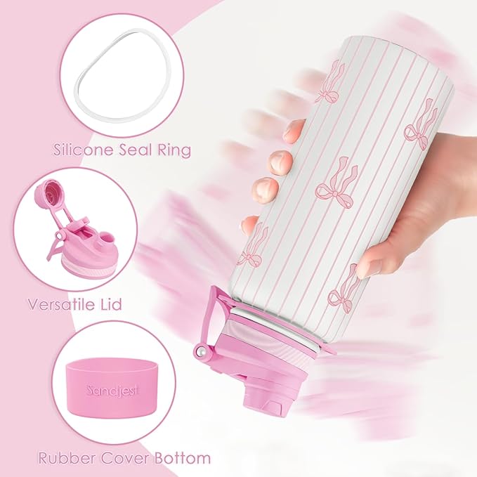 Bow Stainless Steel Water Bottle with Strap 32oz, Insulated Bottles with Straw and Spout Lid for Gym Sports Travel Outdoor, Gifts for Women Girls Birthday Christmas