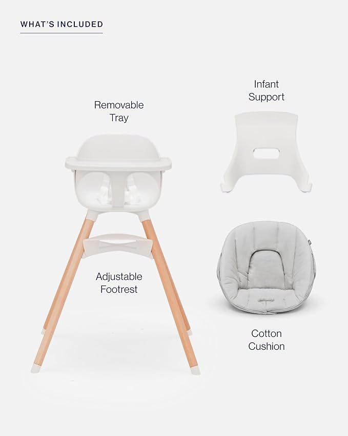 Lalo The High Chair Infant Kit - Convertible Wooden High Chair for Babies & Toddlers with Infant Support & Cushion, Grows with Your Child, Dishwasher Safe Tray, Adjustable Footrest Coconut