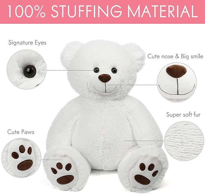 LotFancy Teddy Bear Stuffed Animal, 20 inch, White Teddy Bear Plush Toy, Cute Face with Big Footprints, Plushies Gifts for Girls, Girlfriend, Wife on Birthday, Easter Decoration