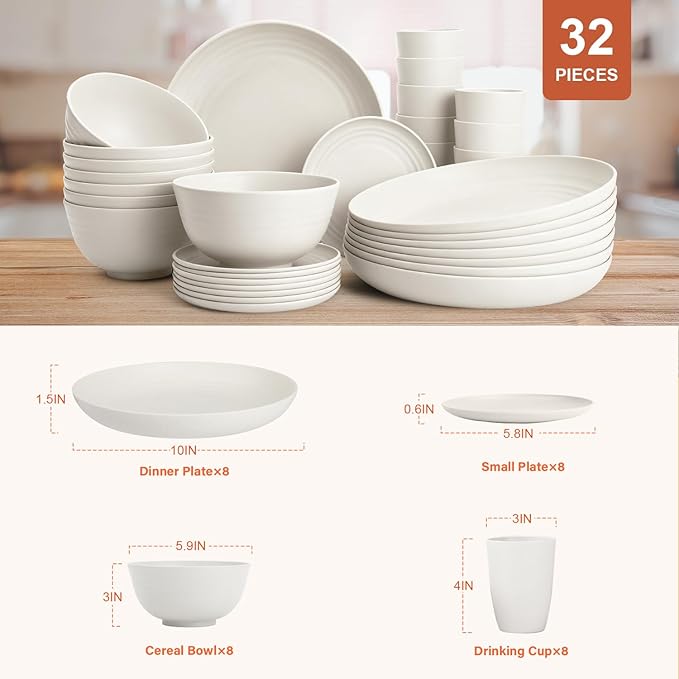 Plates and Bowls Sets for 8, Unbreakable & Lightweight Wheat Straw Dinnerware Sets 32 PCS, Microwave Safe Dishes Set for 8, Dinner Plate, Kitchen Cups and Bowls for Outdoor- White
