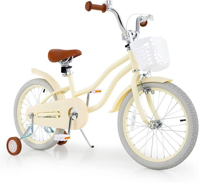 COSTWAY Kids Bike, 12 14 16 18 Inch Toddler Bike Children Bicycle w/Training Wheels, Hand & Coaster Brakes, Adjustable Saddle & Handlebar, Basket, Bell, Kids Bicycle for Girls Boys Aged 3-8 Years Old