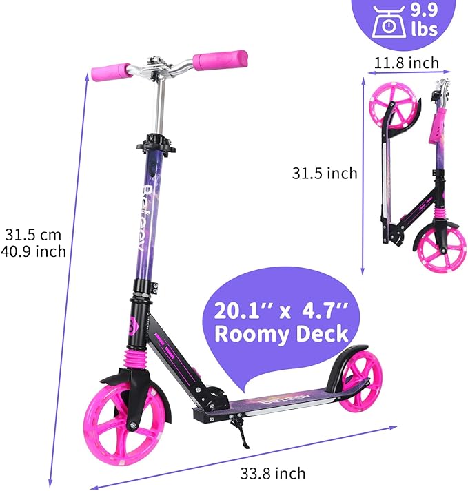 BELEEV V5 Plus Scooters for Kids Ages 6+, Teens with Light-Up Wheels & Deck, 2 Wheel Folding Lightweight Sport Scooter with 4 Adjustable Height, 8-inch Big Wheels, Carry Strap, Max Load 220 lbs
