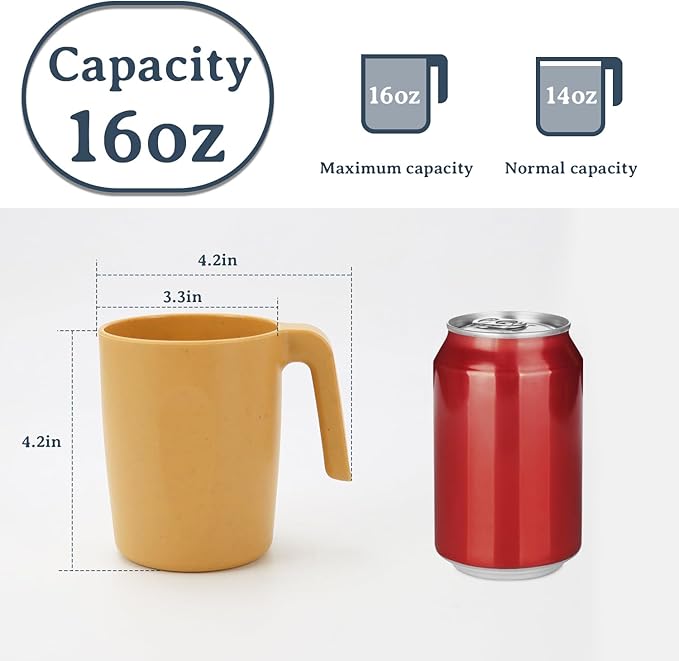 16oz Wheat Straw Cups with handles set of 6-Plastic Cups Reusable-Unbreakable Kids Mugs-Dishwasher Safe & Microwave Safe-Ideal Mugs for Tea,Coffee,Camping,RV-Banana Yellow