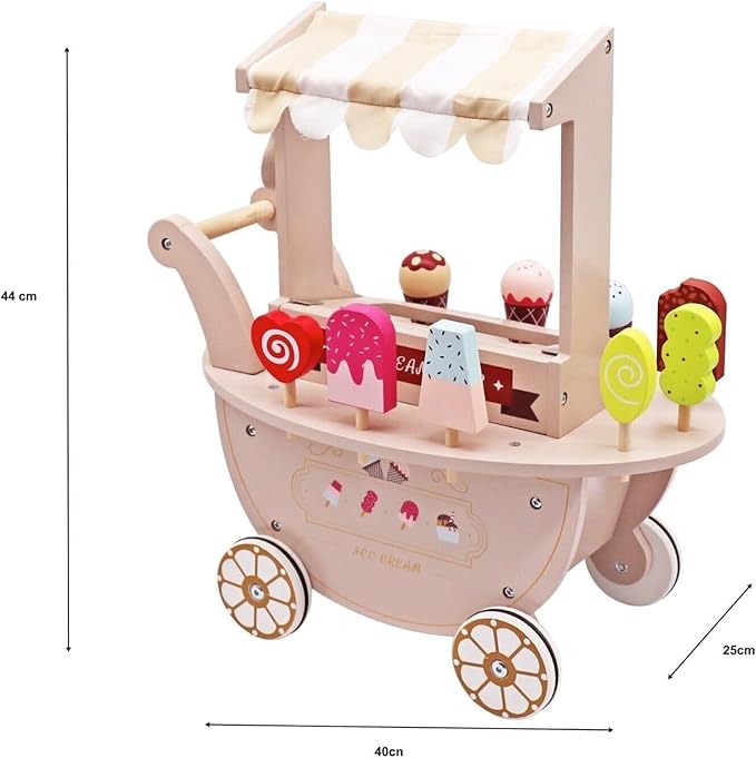 Toddler Wooden Ice Cream Cart Toys, Pretend Play Set Food Truck with Wheels for 3+ Year Old Girls & Boys – Kids Birthday Gift with Magnetic Accessories