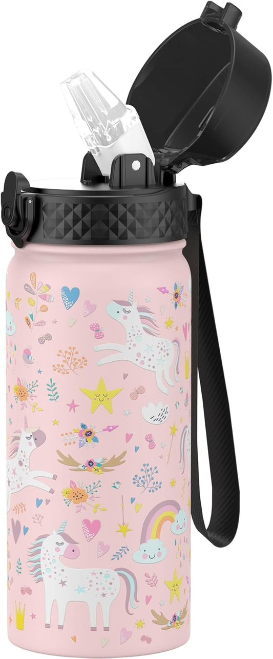 GOPPUS Kids Water Bottle (Straw Lid) - 18 Oz Stainless Steel Travel Bottle, Double Wall Vacuum Leak Proof Kids Cup for School Boys Girls,Unicorn Fields