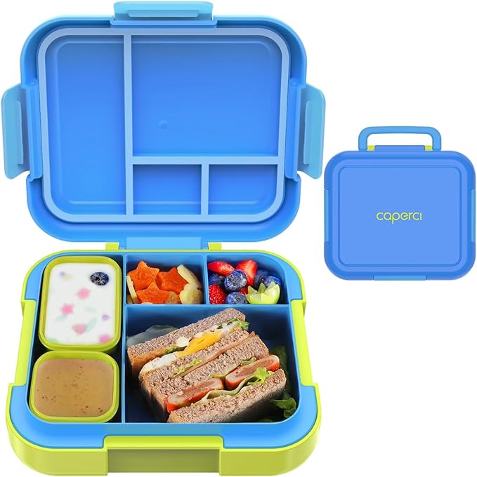 Caperci Bento Lunch Box for Kids - Large 4.8 Cups Lunch Container with 2 Modular Containers - 4 Compartments, Leak-Proof, Portable Handle, Microwave/Dishwasher Safe (Blue/Juicy Pear)