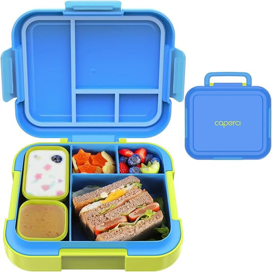 Caperci Bento Lunch Box for Kids - Large 4.8 Cups Lunch Container with 2 Modular Containers - 4 Compartments, Leak-Proof, Portable Handle, Microwave/Dishwasher Safe (Blue/Juicy Pear)