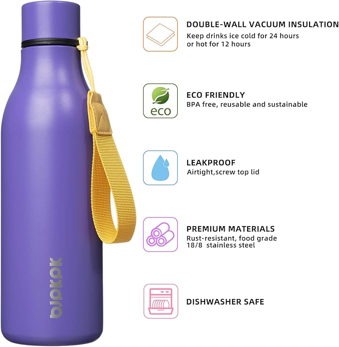 BJPKPK Insulated Water Bottles, 18 oz Stainless Steel Metal Water Bottle with Strap, BPA Free Leak Proof Thermos, Mugs, Flasks, Reusable Water Bottle for Sports & Travel, Purple