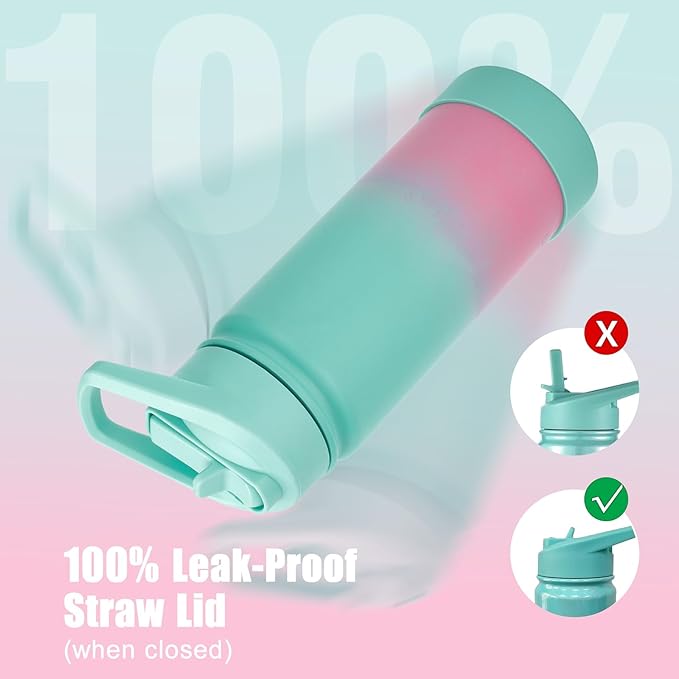 mininoo Kids Water Bottle for School, 16oz Stainless Steel Insulated Water Bottle Kids with Straw Lid for Girls, Boys (Sky/Pink)