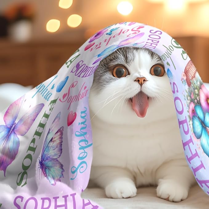 Custom Baby Girl Blanket with Name Personalized Butterfly Blanket Customized Soft Throw Blanket for Newborn Toddler Teens Baby Shower Birthday