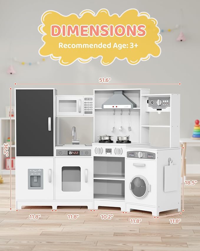 MAMIZO Wooden Corner Play Kitchen, Large Ultimate Interactive Toddler Pretend Kids Kitchen Playset with Blackboard, Stove & Range Hood w/Light & Sound, Ice Maker, Washing Machine, 6 Toy Set (White)