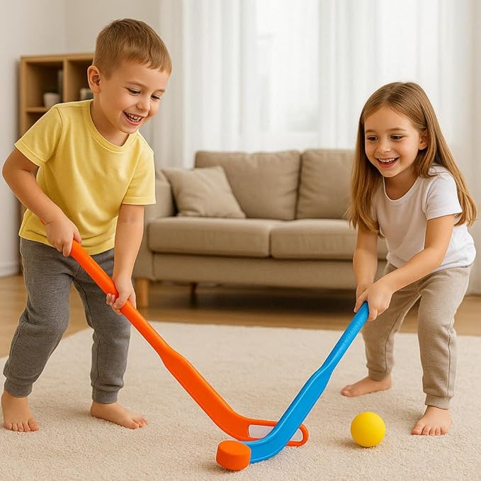 Kids Floor Hockey Stick Set - 29" Youth Indoor Outdoor Toys Sports Starter Set with Plastic Puck and Ball for Toddlers, Children Ages 3-7 (2 Pack)