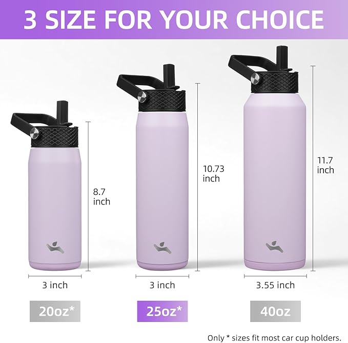 25oz Insulated Stainless Steel Water Bottle with Straw and 3 Lids, BPA-Free Sports Water Bottle,travel water bottle,Taro Purple