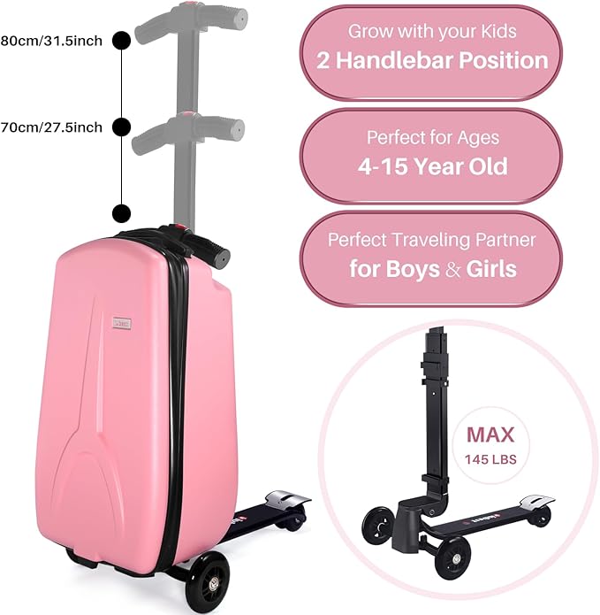 Scooter Luggage for Kids Scooter Suitcase for Ages 4-12, 4 in 1 Kids Luggage Boarding Suitcase Detachable & Foldable Scooter Travel Trolley Ride On Luggage-Pink