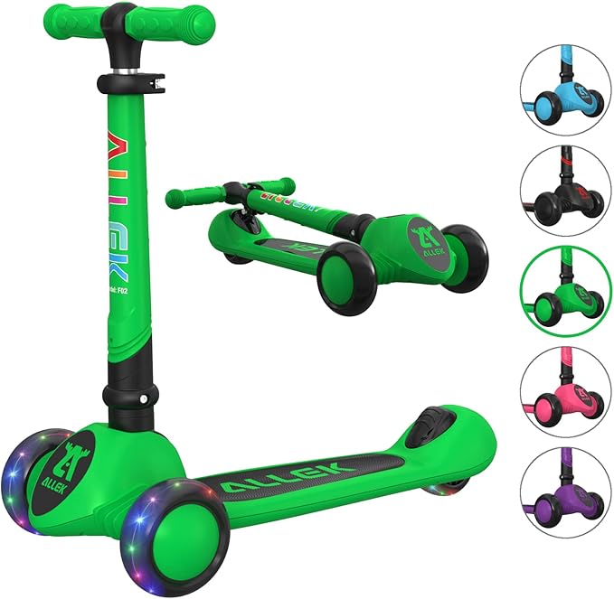 Allek Kick Scooter Foldable F02, 3-Wheel LED Flashing Glider and 4 Adjustable Height with Anti-Slip Thick Deck Push Scooter for Children 3-12yrs