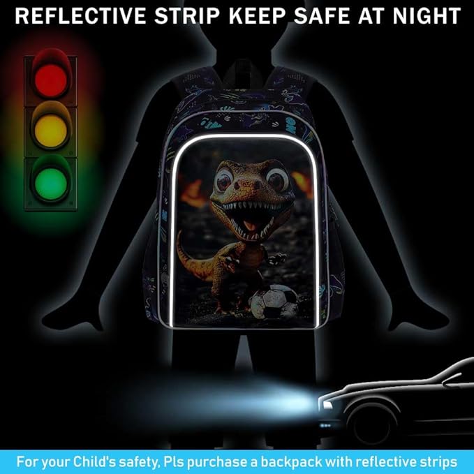 16" Dinosaur Backpack for Boy, 3Pcs Soccer Bookbag for Elementary Preschool Kindergarten, Kids School Backpacks with Lunch Box (Black)